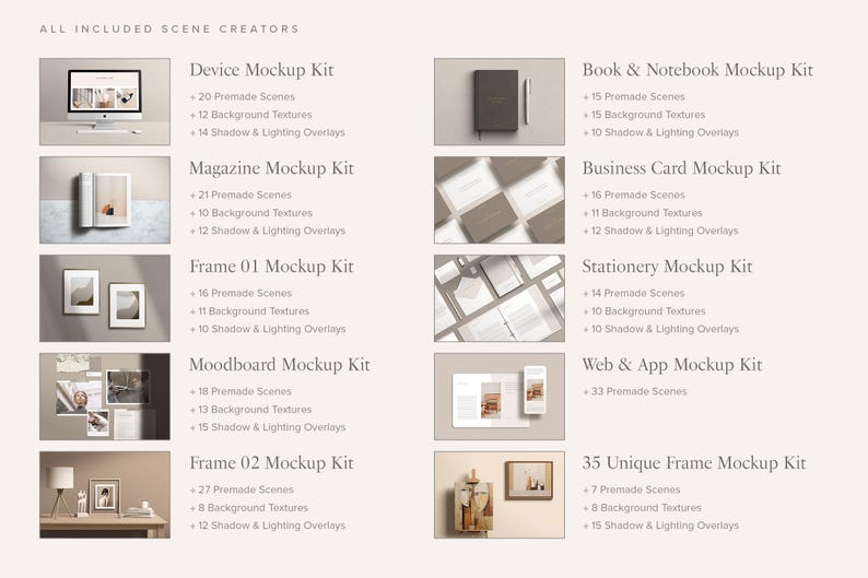 May include: A digital product listing for mockup kits featuring various scenes, including a device, magazine, frame, moodboard, book and notebook, business card, stationery, web and app, and unique frame mockups. Each kit includes premade scenes, background textures, and shadow and lighting overlays.