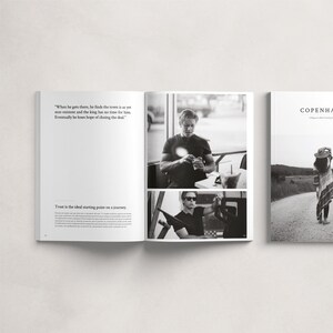 May include: A black and white magazine spread featuring a man in a black shirt and sunglasses. The magazine is titled "Copenhagen" and features a quote about trust and a journey.