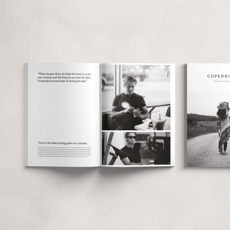 May include: A black and white magazine spread featuring a man in a black shirt and sunglasses. The magazine is titled "Copenhagen" and features a quote about trust and a journey.