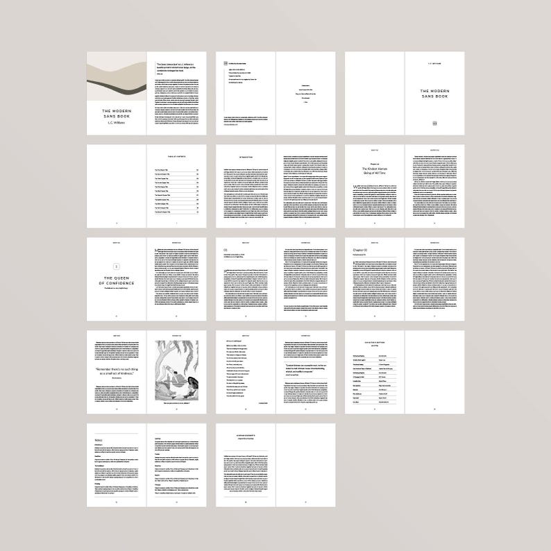 K&ouml;nnte beinhalten: Ein Buch mit dem Titel "The Modern Sans Book" mit einem braunen und wei&szlig;en abstrakten Design auf dem Cover. Das Buch ist auf einer Inhaltsverzeichnis-Seite mit Kapiteltiteln und Seitenzahlen ge&ouml;ffnet. Das Buch ist Teil eines gr&ouml;&szlig;eren Satzes von Seiten, wahrscheinlich aus einem Buch.