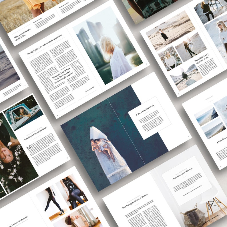 May include: A magazine spread with various images and text. The images include a woman in a white shirt standing in front of a city skyline, a couple in a boat on the water, and a woman walking on a beach. The text includes the words "The Big Apple", "Traveling is a kind of freedom", and "Friendship is very important to me".