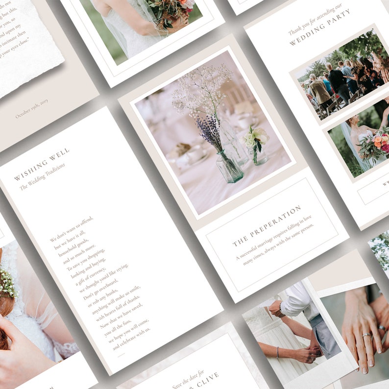 Puede incluir: Un conjunto de invitaciones de boda con fondo blanco y dise&ntilde;o floral. El texto de la invitaci&oacute;n dice "Wishing Well" y "The Wedding Traditions". El texto de la otra tarjeta dice "The Preparation" y "Un matrimonio exitoso requiere enamorarse muchas veces, siempre de la misma persona."