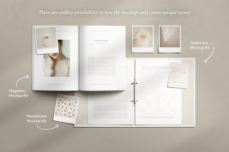 May include: A set of mockups for branding and design projects. The set includes a magazine mockup, a mood board mockup, and a stationery mockup. The mockups are all white and feature a simple, clean design.