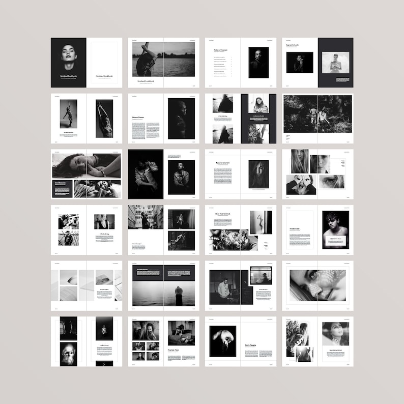 スコットランド ルックブック テンプレート、InDesign テンプレート、編集可能な雑誌テンプレート、白黒デザイン、デジタル ダウンロード、電子書籍テンプレート 画像 9