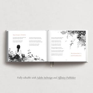May include: An open book with the title "The Crane's Riddle" on the left page and "Dreamwalker's and Fireflowers" on the right. The pages feature poetry and illustrations in black and white. The text "Fully editable with Adobe InDesign and Affinity Publisher" is at the bottom.