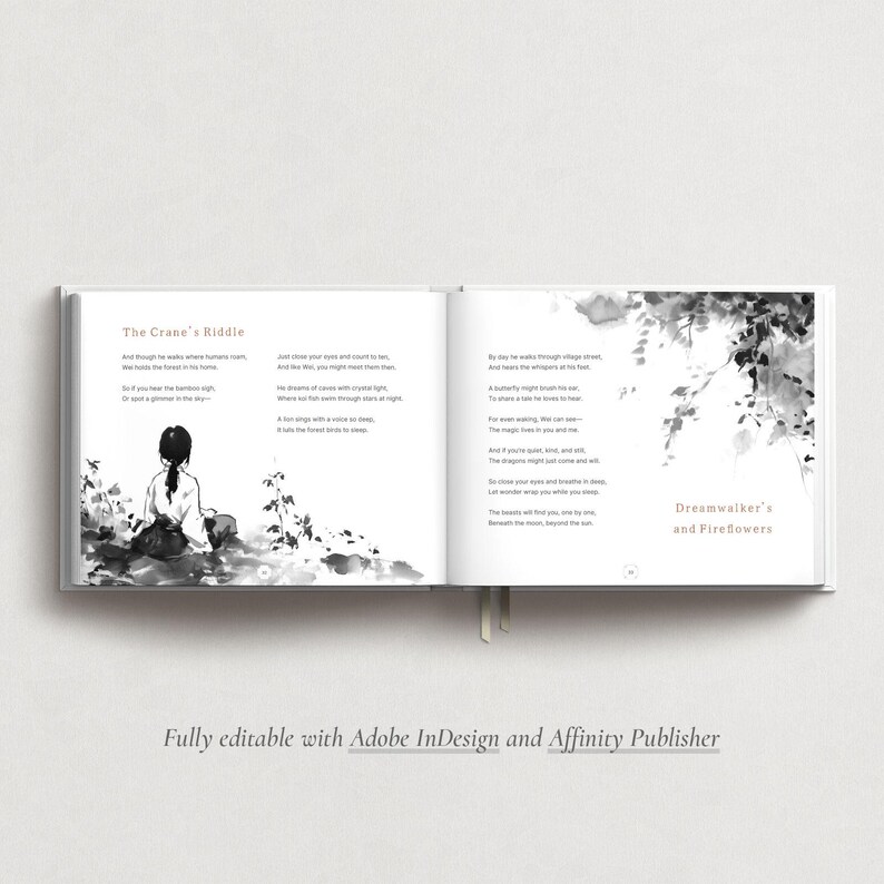 May include: An open book with the title "The Crane's Riddle" on the left page and "Dreamwalker's and Fireflowers" on the right. The pages feature poetry and illustrations in black and white. The text "Fully editable with Adobe InDesign and Affinity Publisher" is at the bottom.
