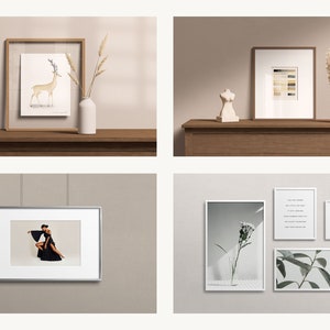 May include: Four different framed pictures on a wall. The top left picture is a brown wooden frame with a white background and a drawing of a deer. The top right picture is a brown wooden frame with a white background and a colorful abstract design. The bottom left picture is a silver frame with a white background and a black and white photo of a woman in a black dress. The bottom right picture is a white frame with a black and white photo of a flower, a white frame with a white background and text, and a white frame with a black and white line drawing.
