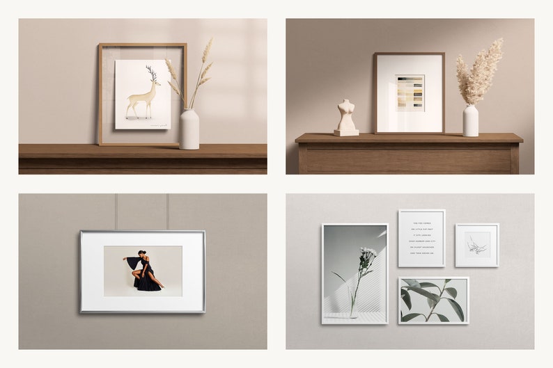 May include: Four different framed pictures on a wall. The top left picture is a brown wooden frame with a white background and a drawing of a deer. The top right picture is a brown wooden frame with a white background and a colorful abstract design. The bottom left picture is a silver frame with a white background and a black and white photo of a woman in a black dress. The bottom right picture is a white frame with a black and white photo of a flower, a white frame with a white background and text, and a white frame with a black and white line drawing.