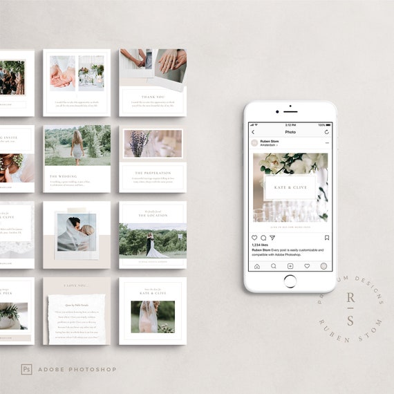 Wedding Theme Social Media Pack, 14 Editable Photoshop Templates, 3 Different Sizes, Designed For Facebook, Instagram Posts, Pinterest, Blog