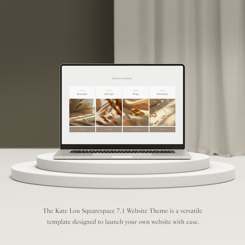May include: A laptop computer displaying a website with a minimalist design. The website features a shop by collection section with images of jewelry, including bracelets, earrings, rings, and necklaces.