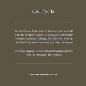 May include: Text on a brown background explaining how a Squarespace website template works. The text says you will receive an invitation by email in 24 hours, granting you full access to the template. You can then change the images, fonts, colors, and layouts to fit your project's needs and launch your brand new website. You will also have access to all accompanying documents and bonus templates immediately after purchase. The text also includes the website address: WWW.RUBENSTOMDESIGN.COM