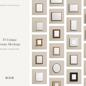 May include: A collection of 35 unique frame mockups, showcasing various styles and sizes. The frames are arranged in a grid pattern on a light beige background. The text "35 Unique Frame Mockups" and "Scene Creator" is displayed on the left side of the image.
