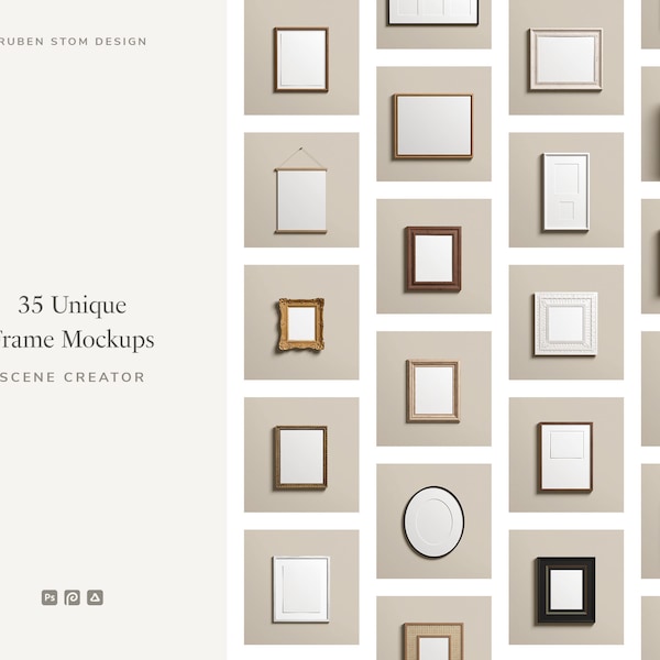 35 Unique Frame Mockup Kit, Realistic Mockups, Shadow Options, Horizontal Frames, Vertical Frames, Editable Background Colors And Much More!