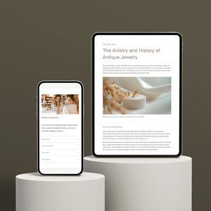 May include: A mobile phone screen displaying a job description for a Sales Associate at an antique jewelry store. The text on the screen reads "Sales Associate" and lists qualifications, employee benefits, and our contact information. The background image shows two people looking at jewelry in a display case.