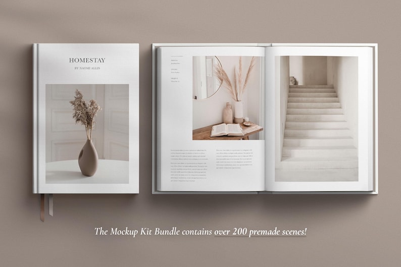 May include: A white book with the title "HOMESTAY by Naomi Hadar" on the cover. The book is open to reveal two pages with interior design photos. One page shows a white staircase and the other page shows a vase with dried flowers and a book on a table.