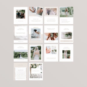 Puede incluir: Un conjunto de 12 plantillas de historias de Instagram para una boda. Las plantillas presentan un dise&ntilde;o minimalista con una paleta de colores neutros de blanco, beige y verde. Las plantillas incluyen fotos de la pareja de novios, el lugar de la boda y el pastel de bodas. El texto en las plantillas incluye los nombres de la pareja, la fecha de la boda y el hashtag de la boda.