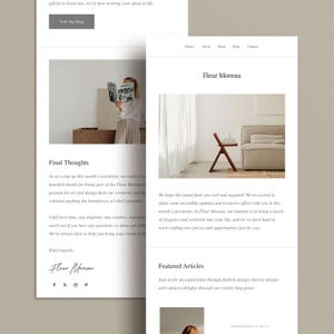 May include: A newsletter email from Fleur Moreau, a design and lifestyle brand, featuring a photo of a woman reading a book. The email includes a section titled "Final Thoughts" and another section titled "Featured Articles".