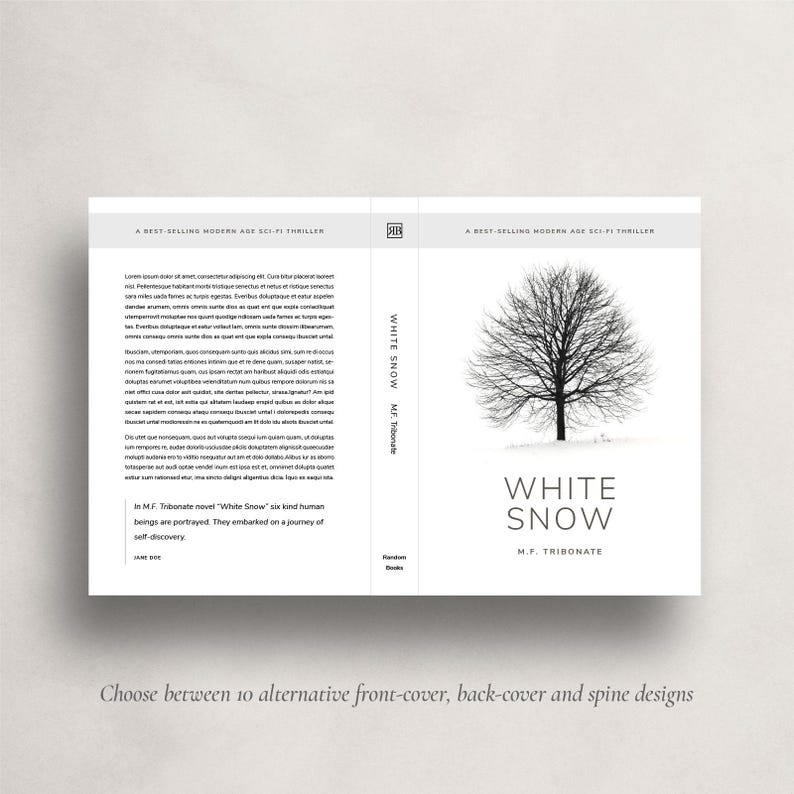 K&ouml;nnte beinhalten: Ein Buchcover mit wei&szlig;em Hintergrund und einer Schwarzwei&szlig;illustration eines Baumes im Schnee. Der Titel des Buches lautet "White Snow" und der Autor ist "M.F. Tribonate".