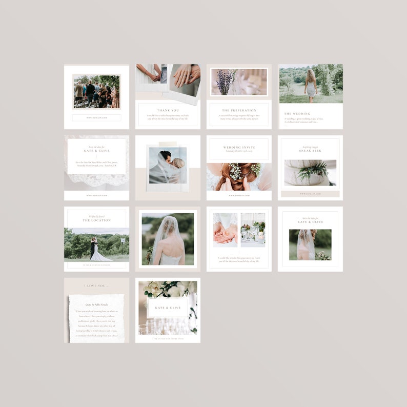 Puede incluir: Una colecci&oacute;n de plantillas de historias de Instagram para una boda. Las plantillas presentan una variedad de im&aacute;genes, que incluyen una pareja cas&aacute;ndose, una novia y un novio, y un vestido de novia. Las plantillas tambi&eacute;n incluyen texto como "La Preparaci&oacute;n", "Invitaci&oacute;n de Boda" y "Vista Previa".