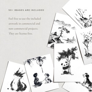 May include: A collection of black and white ink illustrations on white paper. The images depict various scenes, including a panda hugging a tree, a person with a dog, and a pagoda. Text on the image states "50+ IMAGES ARE INCLUDED" and "They are license free."