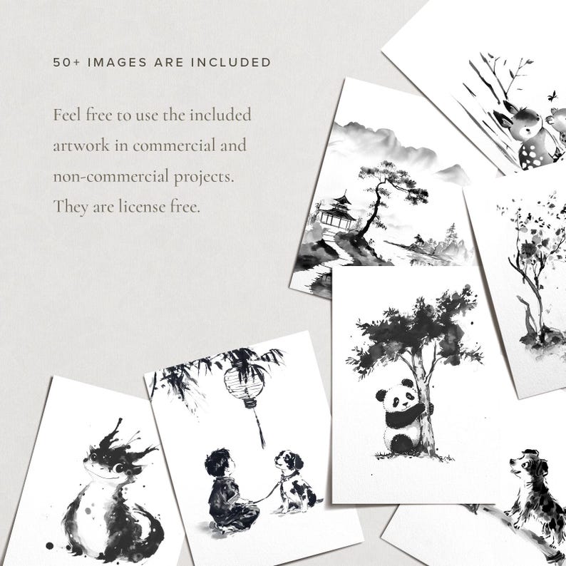 May include: A collection of black and white ink illustrations on white paper. The images depict various scenes, including a panda hugging a tree, a person with a dog, and a pagoda. Text on the image states "50+ IMAGES ARE INCLUDED" and "They are license free."