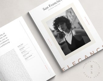 May include: A magazine cover with a black and white photo of a woman with short curly hair. The magazine is titled "San Francisco" and the text "Elegance" is in a large font at the bottom of the cover. The magazine is published by Ruben Stohm.