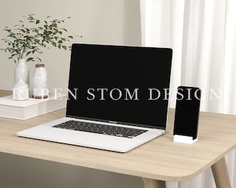 iPhone & MacBook Mockup Scene, Devices in Studio Setting, Easy to use with Photoshop, Photopea, Affinity, Phone Mockup, Laptop Mockup