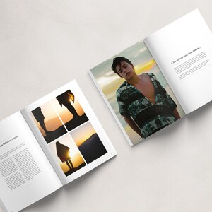 May include: An open magazine with a photo of a person wearing a patterned shirt on the right page and a collage of four photos of silhouettes against a sunset on the left page. The text on the right page reads "A fun and true story about fashion..."