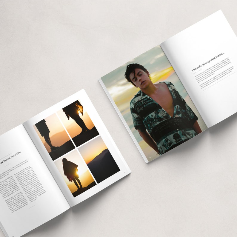 May include: An open magazine with a photo of a person wearing a patterned shirt on the right page and a collage of four photos of silhouettes against a sunset on the left page. The text on the right page reads "A fun and true story about fashion..."