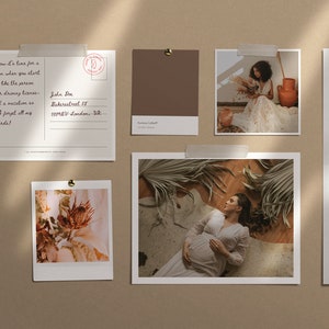 May include: A corkboard with various photos and a postcard pinned to it. The photos include a woman in a white dress, a woman lying on a rug, a close-up of a flower, and a building with a door. The postcard has a handwritten message about needing a vacation.