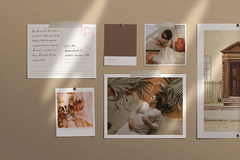 May include: A corkboard with various photos and a postcard pinned to it. The photos include a woman in a white dress, a woman lying on a rug, a close-up of a flower, and a building with a door. The postcard has a handwritten message about needing a vacation.