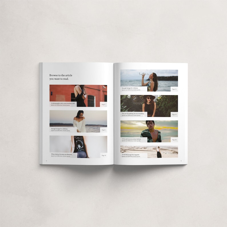 May include: Open magazine spread with a title "Browse to the article you want to read."  The magazine features photos of people in various settings.  The text "Page 4", "Page 6", "Page 10", "Page 11", "Page 16", "Page 18", and "Page 20" is visible on the pages.