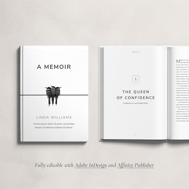 K&ouml;nnte beinhalten: Ein wei&szlig;er Buchumschlag mit dem Titel "A Memoir" und dem Namen des Autors "Linda Williams". Der Umschlag zeigt eine Schwarzwei&szlig;illustration von drei V&ouml;geln, die auf einem Draht sitzen. Das erste Kapitel des Buches tr&auml;gt den Titel "The Queen of Confidence" und enth&auml;lt den Text "Confidence is a very fragile thing."