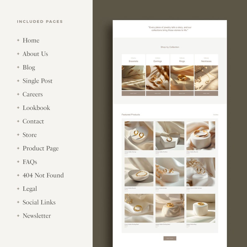 May include: A website homepage for a jewelry store featuring a variety of gold jewelry, including earrings, rings, necklaces, and bracelets. The website also includes a section for featured products and a shop by collection section.
