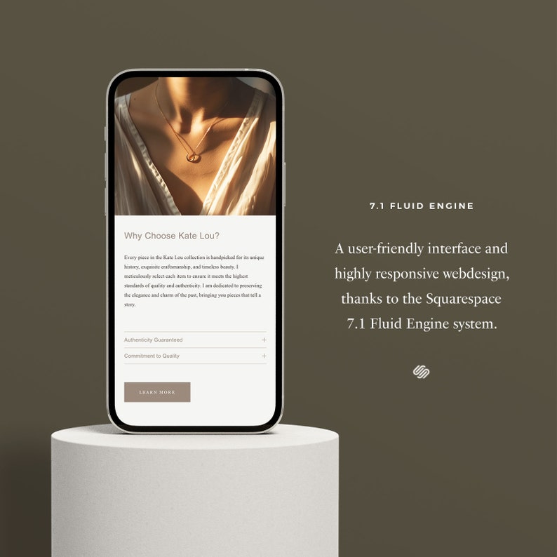 May include: A mobile phone screen displaying a website for a jewelry brand called Kate Lou. The website features a photo of a gold necklace with a heart pendant, and text that reads "Why Choose Kate Lou?" and "Authenticity Guaranteed" and "Commitment to Quality". The website also includes a "Learn More" button. The text "7.1 Fluid Engine" is displayed at the top of the screen.
