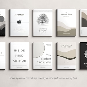 K&ouml;nnte beinhalten: Eine Sammlung von Buchumschl&auml;gen mit minimalistischer Typografie und abstrakten Formen in Graut&ouml;nen und Beige. Die Umschl&auml;ge tragen Titel wie "Eine Erinnerung", "Wei&szlig;er Schnee", "The Modern Sans", "Im Inneren des Geistes des Autors" und "The Modern Sans Book".