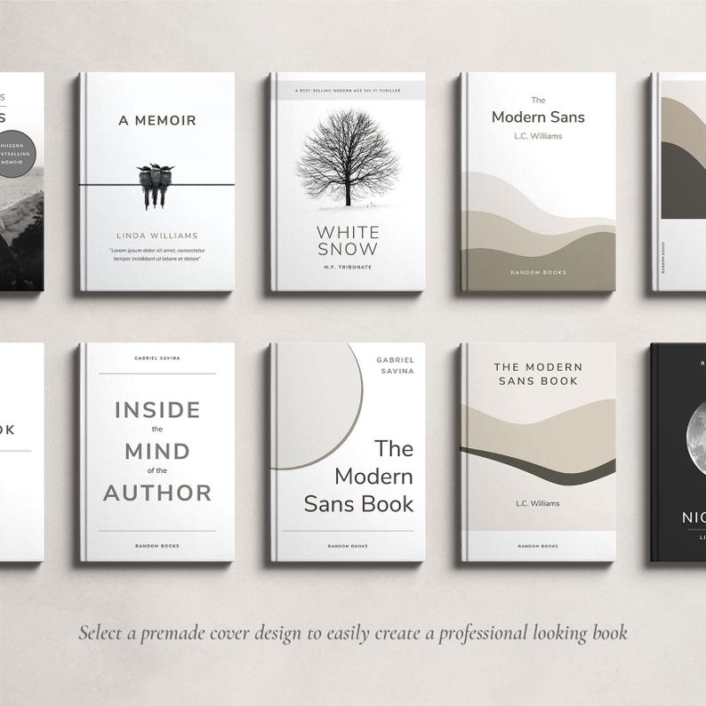 K&ouml;nnte beinhalten: Eine Sammlung von Buchumschl&auml;gen mit minimalistischer Typografie und abstrakten Formen in Graut&ouml;nen und Beige. Die Umschl&auml;ge tragen Titel wie "Eine Erinnerung", "Wei&szlig;er Schnee", "The Modern Sans", "Im Inneren des Geistes des Autors" und "The Modern Sans Book".