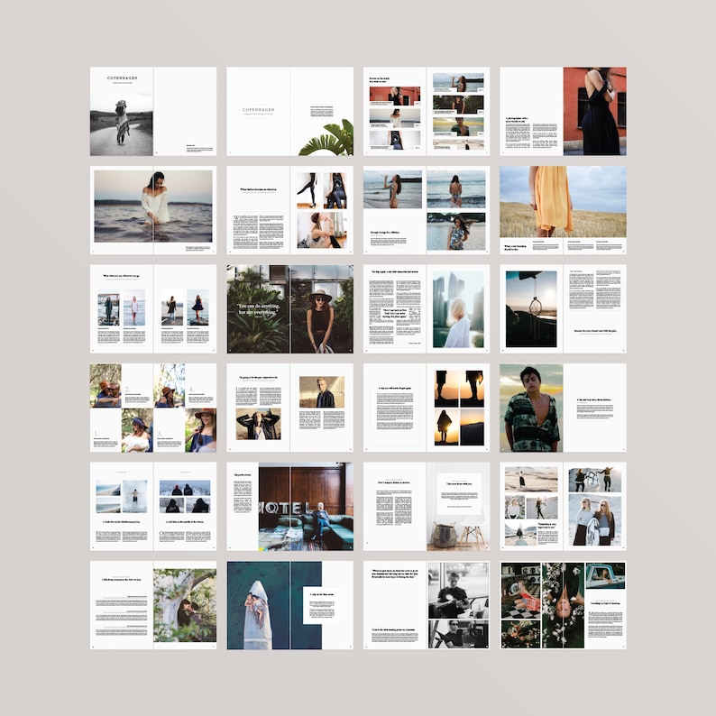May include: A magazine layout with a variety of images and text. The images feature people wearing different clothing styles, landscapes, and cityscapes. The text includes titles, captions, and articles.