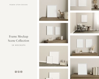 May include: A collection of 16 mockups featuring white picture frames in various room settings. The frames are empty and ready for your design.