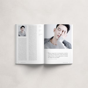 May include: A magazine spread featuring a man on the right-hand page. He is wearing a grey shirt and has his hand on his face. The text on the page reads, "Without change there is no innovation, creativity or incentive for improvement. Those who initiate change will have a better opportunity to manage the change that is inevitable."