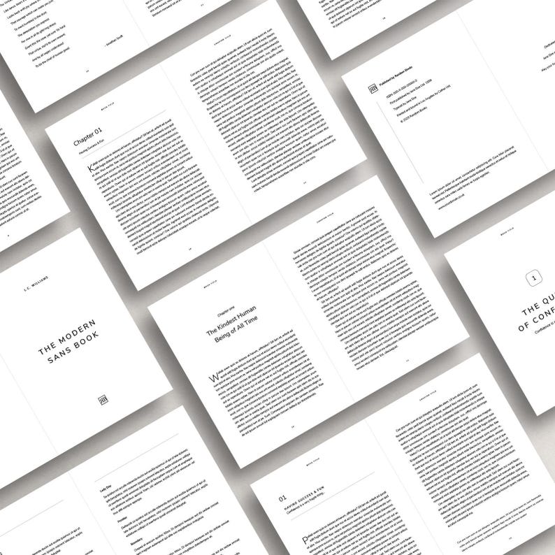 K&ouml;nnte beinhalten: Nahaufnahme eines Buches mit dem Titel "The Modern Sans Book" auf dem Cover. Das Buch ist auf einer Seite mit dem Titel "Kapitel 01: Das freundlichste menschliche Wesen aller Zeiten" aufgeschlagen.