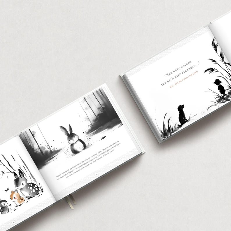 May include: Open book with black and white illustrations. One page shows a rabbit in a forest scene. Another page has a silhouette of a dog and text that reads, "You have walked the path with kindness..." The book is open on a white surface.