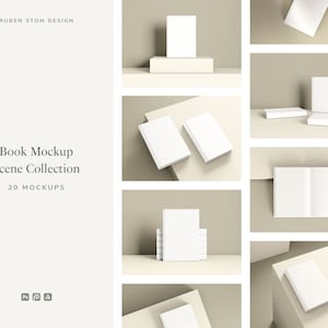 May include: A collection of 20 book mockups in various scenes. The mockups feature blank white books in different positions and arrangements, including stacked, open, and on shelves. The background is a neutral beige color.