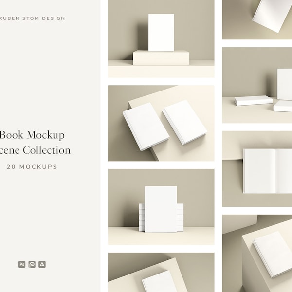 Collection de scènes de maquettes de livres, 20 maquettes uniques, réglage de studio, facile à utiliser avec PSD, Photopea et Affinity, écrivains, cahier, couverture de livre