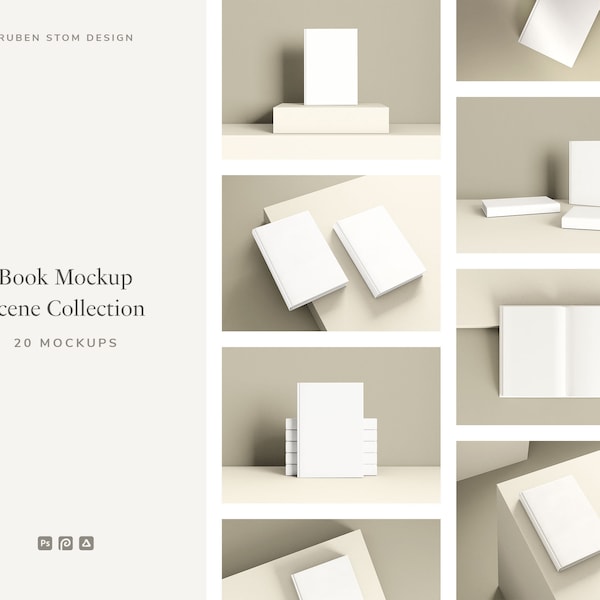 Buch-Mockup-Szenensammlung, 20 einzigartige Mockups, Studio-Einstellung, einfach mit PSD, Photopea & Affinity, Writers, Notebook, Buch-Cover zu verwenden