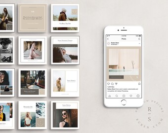 Puede incluir: Un conjunto de nueve plantillas de publicaciones de Instagram con una estética minimalista. Las plantillas presentan una variedad de imágenes, incluyendo una mujer con un vestido, una mujer en un campo y una mujer en una cafetería. Las plantillas también incluyen superposiciones de texto con citas y mensajes inspiradores.