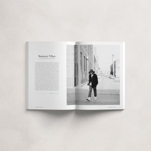 May include: A black and white photograph of a person wearing a black jacket, a hat, and jeans walking down a narrow alleyway. The photo is from a magazine spread titled "Summer Vibes".