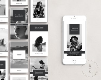 May include: A collection of black and white Instagram story templates featuring various images of women and text overlays. The text includes "Creatives", "New Collection", "Love For Design", "Creativities", "Branding", "Memories", and "Opening Soon!" The templates are designed for use on social media.