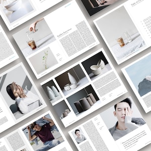 May include: A magazine spread featuring various images, including a person wearing a white shirt, a person wearing a blue shirt, and a person wearing a white shirt. The magazine also features images of ceramic pottery and a glass of iced coffee.