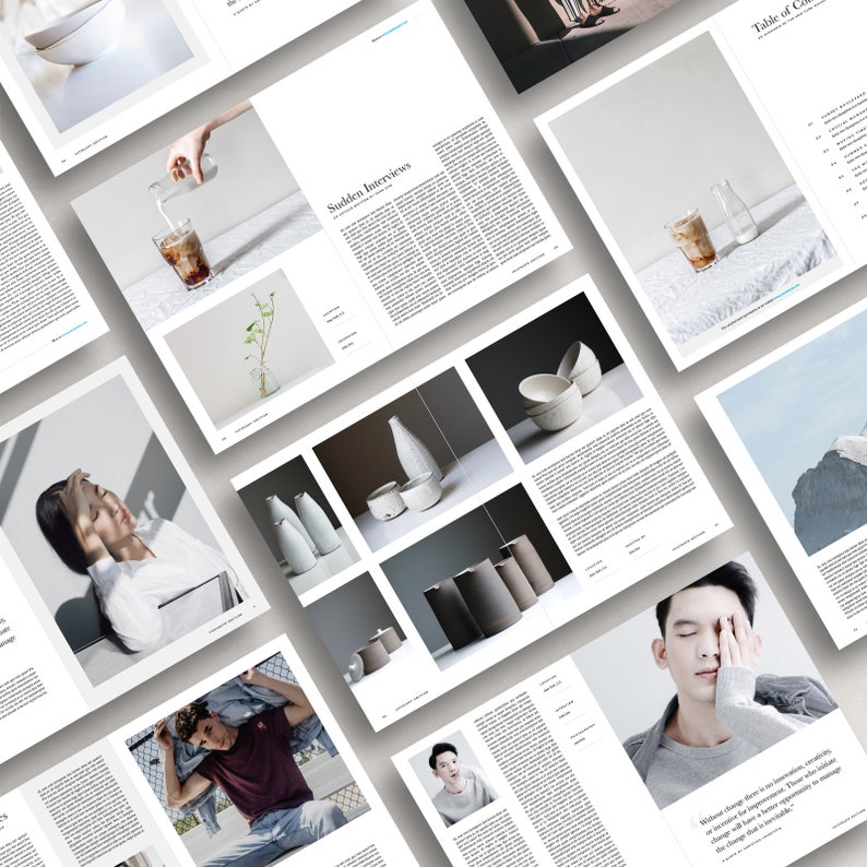 May include: A magazine spread featuring various images, including a person wearing a white shirt, a person wearing a blue shirt, and a person wearing a white shirt. The magazine also features images of ceramic pottery and a glass of iced coffee.